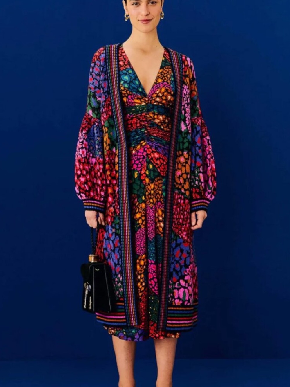 Farm Rio Rainbow Hearts Ruching Multicolor V-Neck Long Sleeve Midi Dress size M - Picture 3 of 12